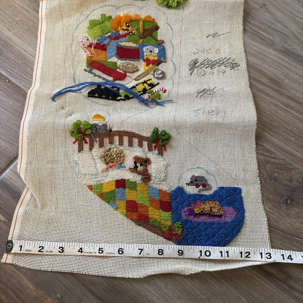 Vintage Handpainted Needlepoint Canvas Sleeping Christmas Stocking Unfinished